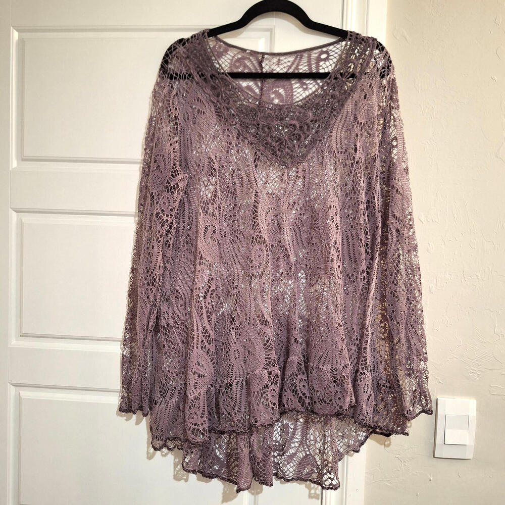 Purple Lace Long Sleeve Top XL Open Knit Crochet Whimsigoth Boho Coquette Soft